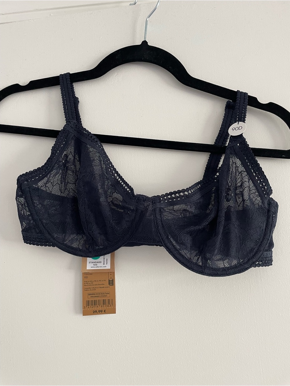 Sheer Lace Underwire Bra in Navy - Monoprix
